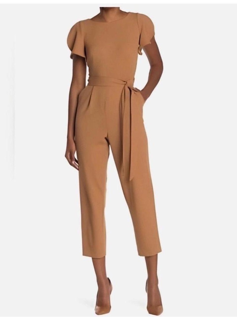 Calvin Klein Flutter Sleeve Tie Waist Crop Jumpsuit
